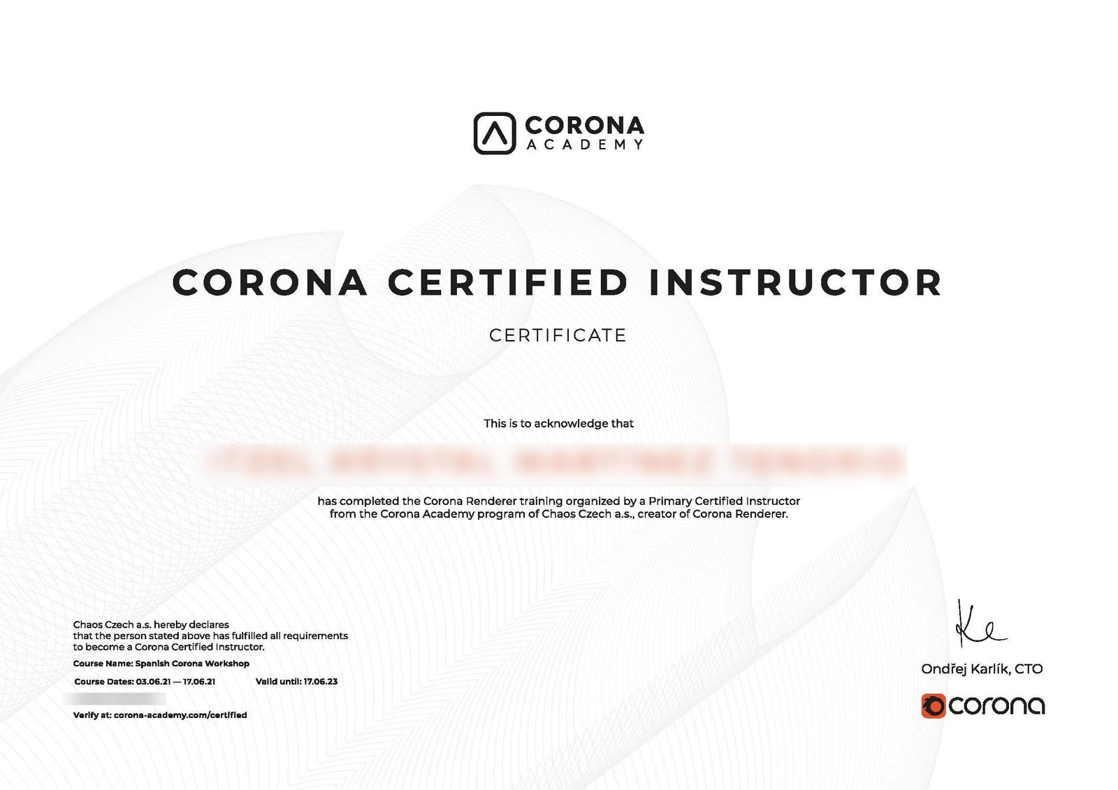 CERTIFICADOS DE INSTRUCTOR DE CORONA